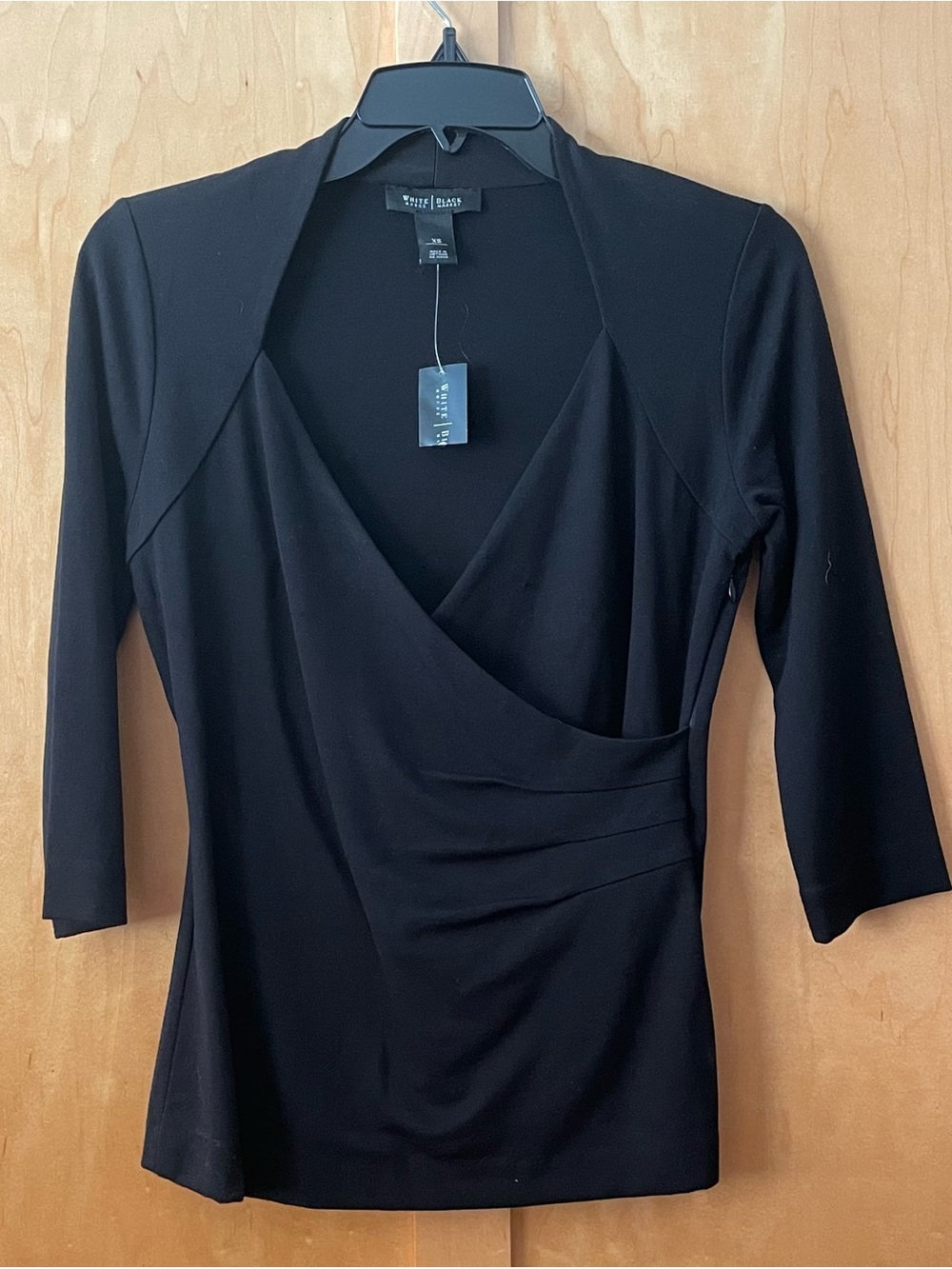 White House Black Market Black Surplice Faux Wrap Top XS NWT 3/4 Sleeve